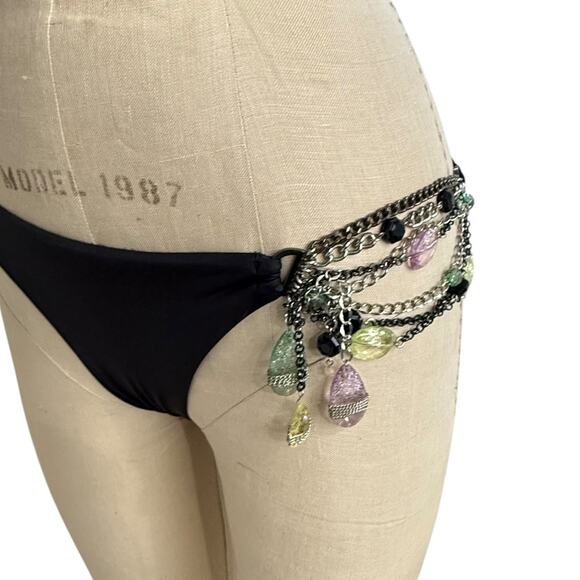 Beach Bunny Black Bikini Set Dangling Pastel Jewels Chain Halter Top L Bottoms M - Picture 12 of 13